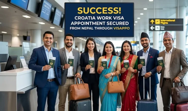 A professional group of Nepalese men and women holding passports and luggage, smiling and ready to travel, illustrating the success of securing a Croatia work visa appointment from Nepal through Visappo